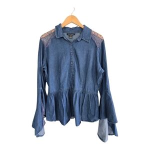 Ashley Stewart Chambray Lace Blouse Women 16 Blue Long Bell Sleeve Classiv